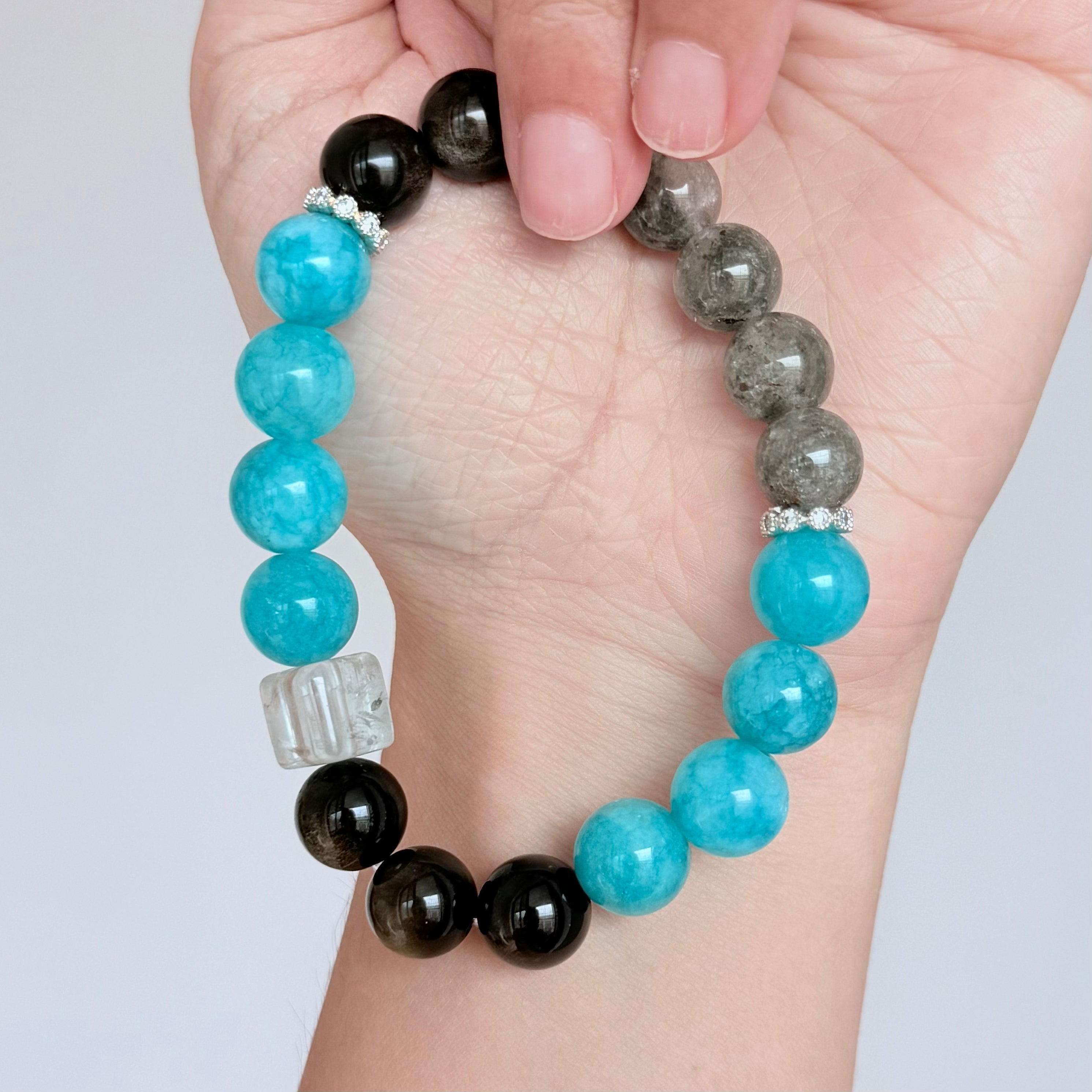 Amazonite, Labradorite & Black Obsidian Bracelet