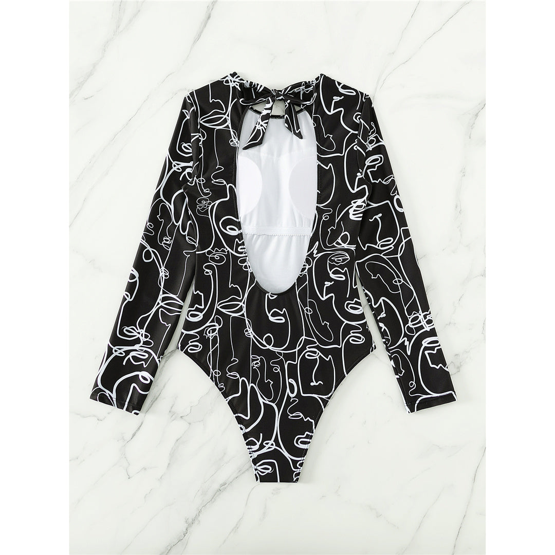 Lydia Printed Long Sleeve Backless One Piece Swimsuit