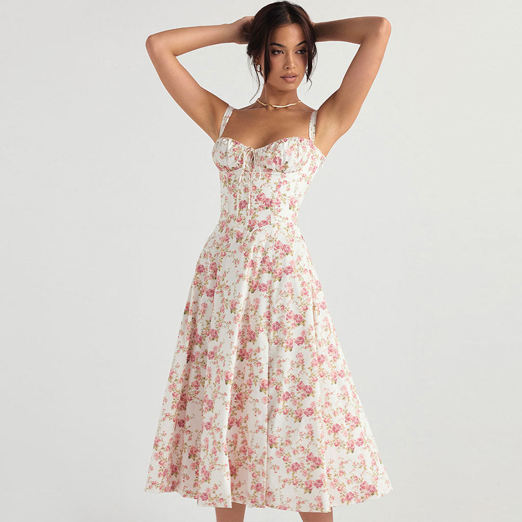 Breezy Floral Printed Lace Up Back Tie String Slit Midi Sundress - Pink