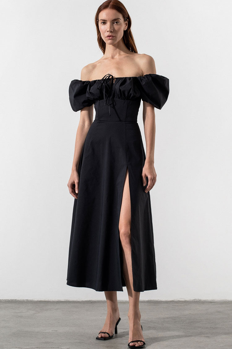 Breezy Off Shoulder Tie Front Puff Sleeve High Slit Midi Sundress - Black