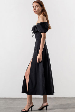 Breezy Off Shoulder Tie Front Puff Sleeve High Slit Midi Sundress - Black