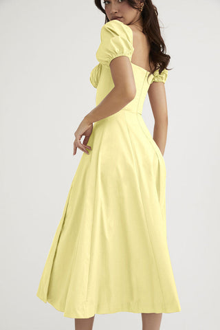 Breezy Off Shoulder Tie Front Puff Sleeve High Slit Midi Sundress - Yellow