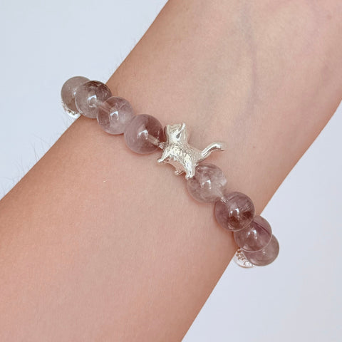Lepidolite & Clear Quartz Bracelet with Silver Cat Charm