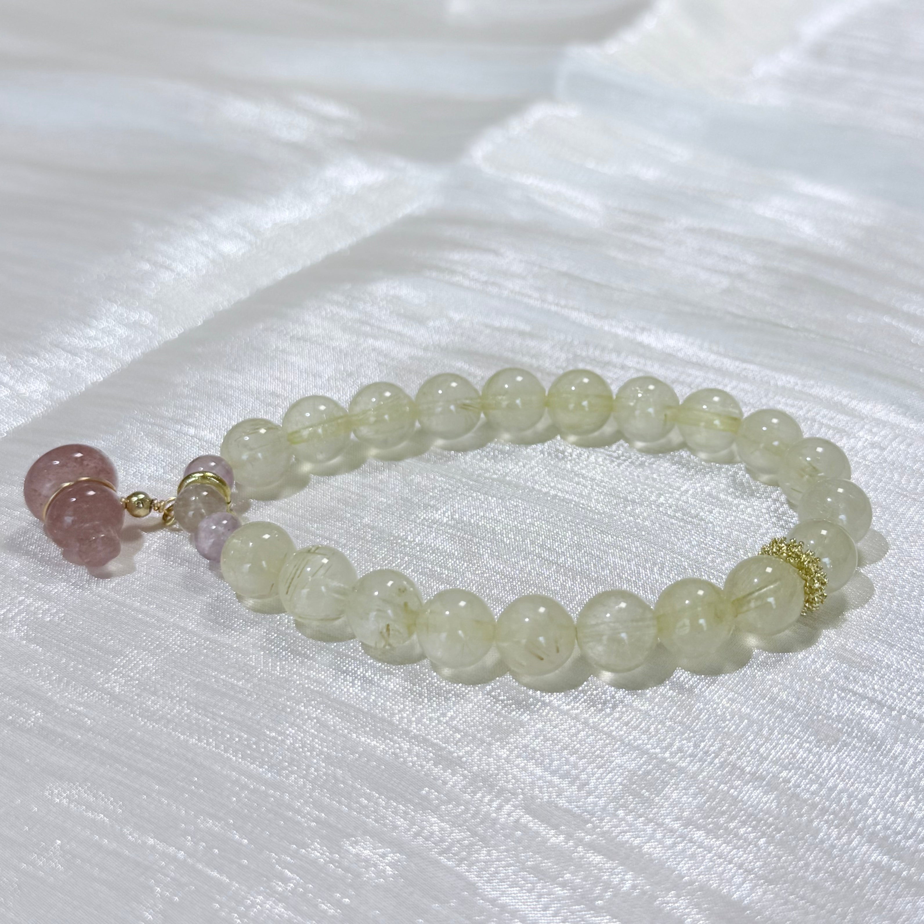 Golden Rutilated Quartz & Pink Tourmaline Pixiu Bracelet