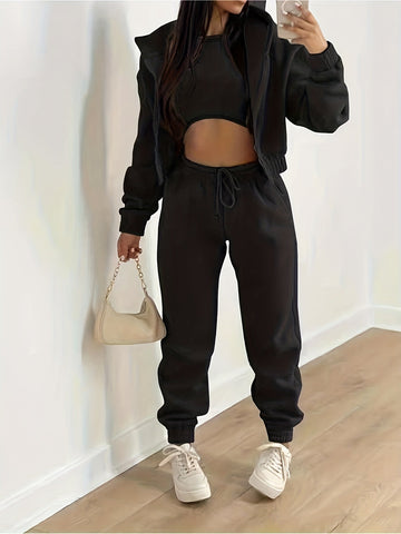 Zip Up Hooded Jacket & Tank Top & Jogger Pants Three-piece Set Outfits