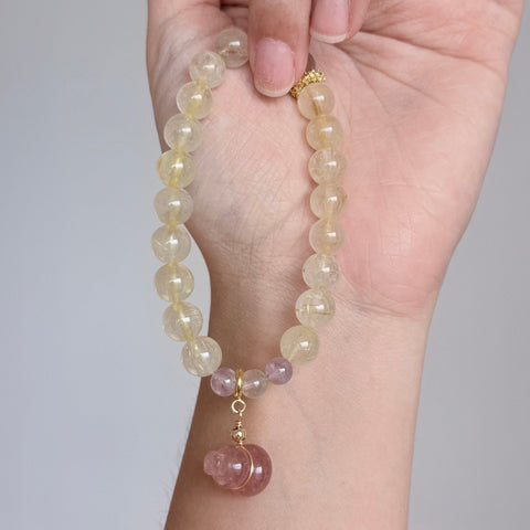Golden Rutilated Quartz & Pink Tourmaline Pixiu Bracelet