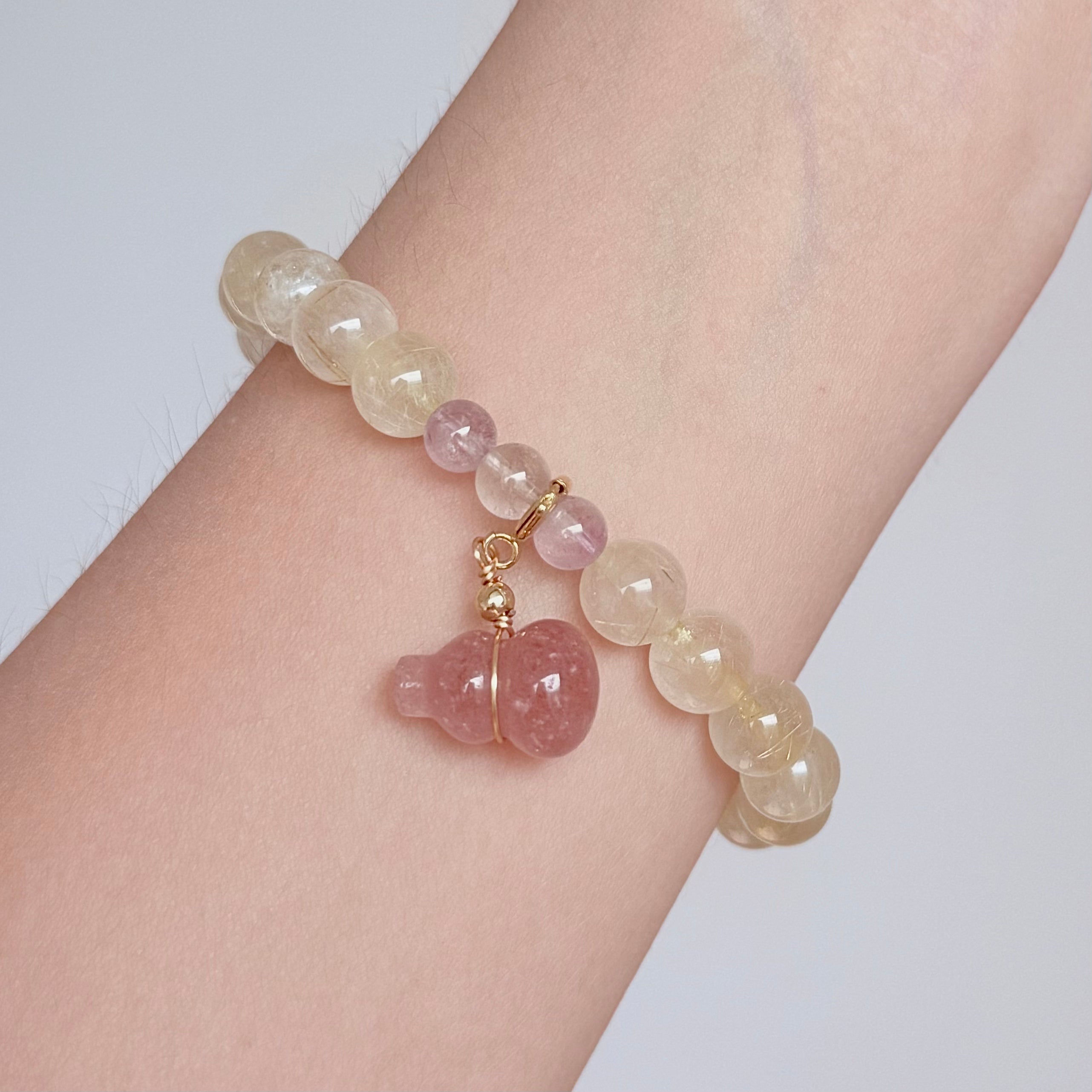 Golden Rutilated Quartz & Pink Tourmaline Pixiu Bracelet