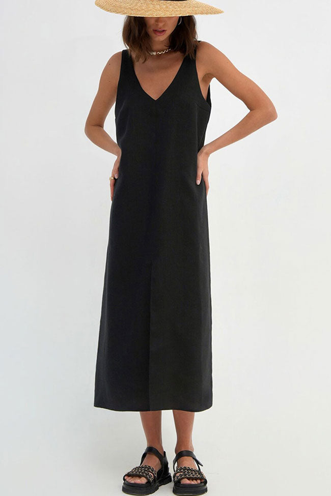 Casual V Neck Front Split Sleeveless Linen Blend Midi Sundress - Black