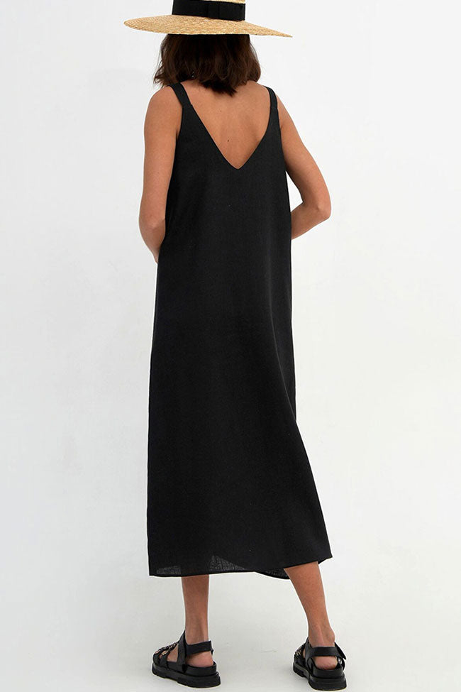 Casual V Neck Front Split Sleeveless Linen Blend Midi Sundress - Black