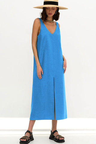 Casual V Neck Front Split Sleeveless Linen Blend Midi Sundress - Blue