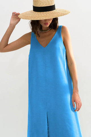 Casual V Neck Front Split Sleeveless Linen Blend Midi Sundress - Blue