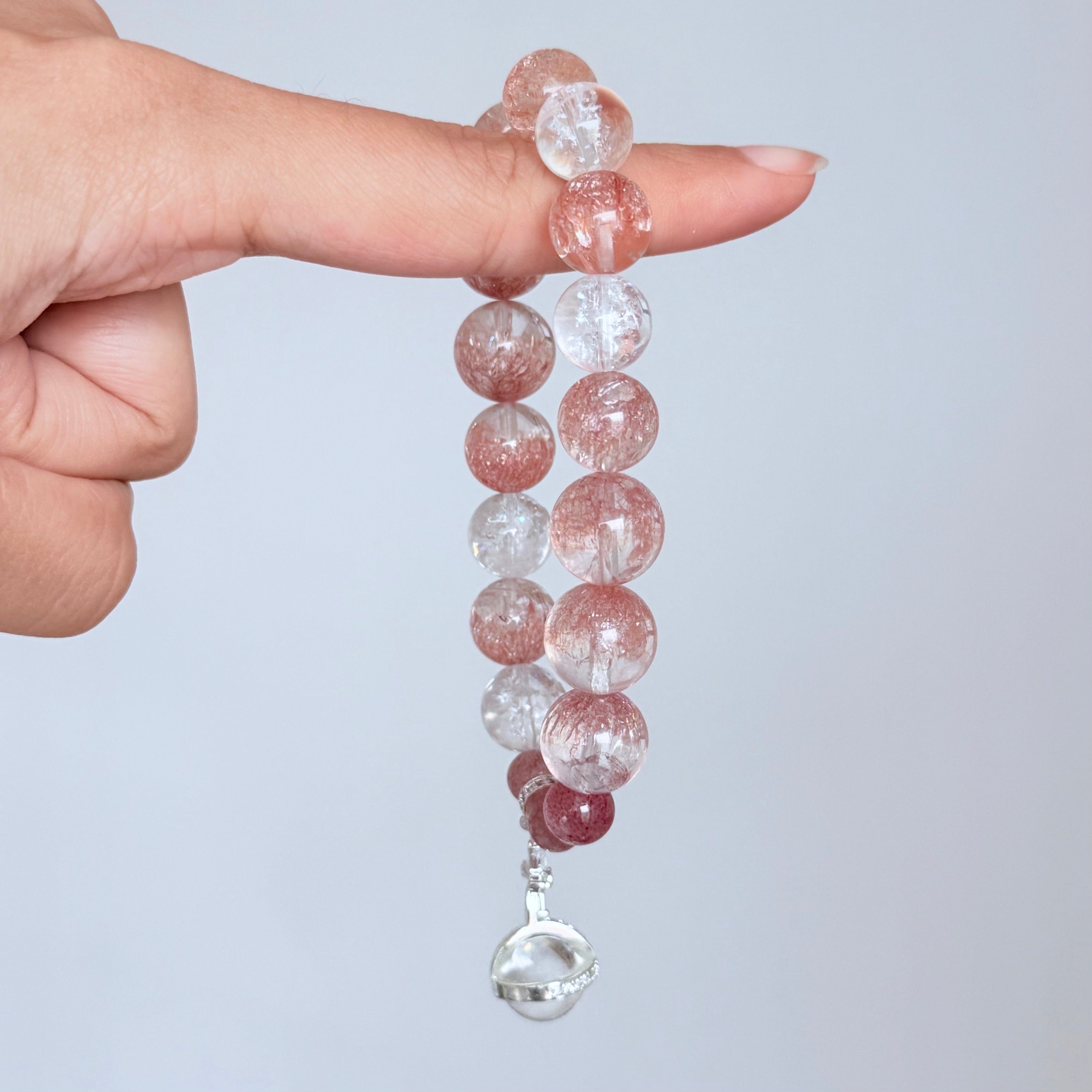 Strawberry Quartz & Clear Quartz Bracelet with Planet Charm