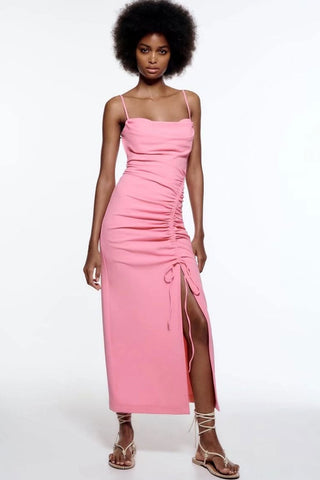 Chic Cowl Neck Tie Side Ruched Trim Split Slip Midi Dress - Pink