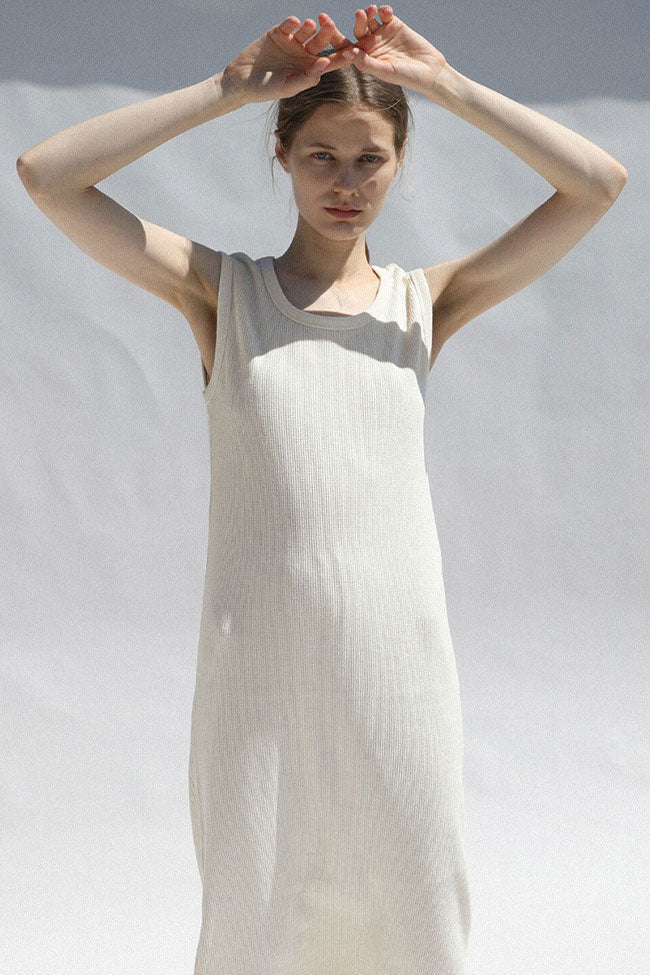 Cozy Textured Cotton Blend Summer Midi Sundress - Off White