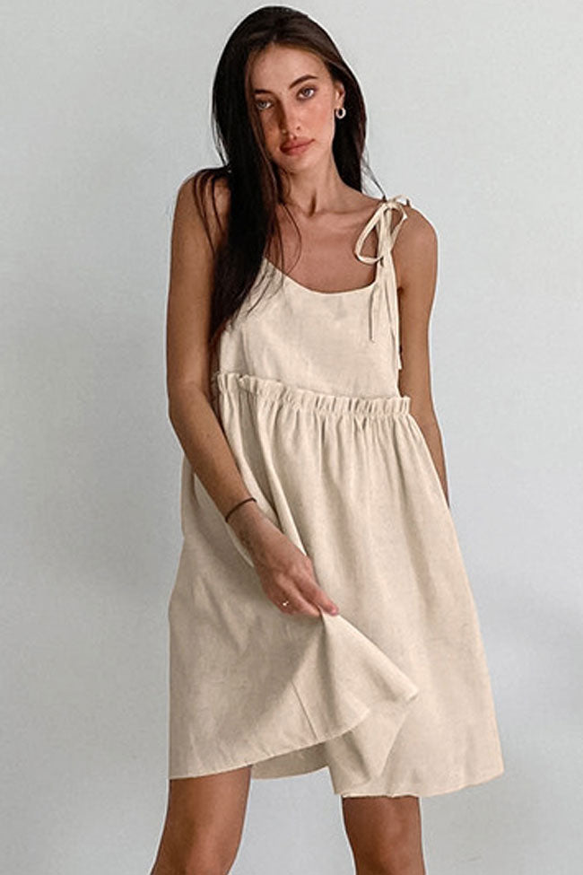 Cute Tiered Ruffle Empire Waist Linen Mini Summer Sundress - Khaki