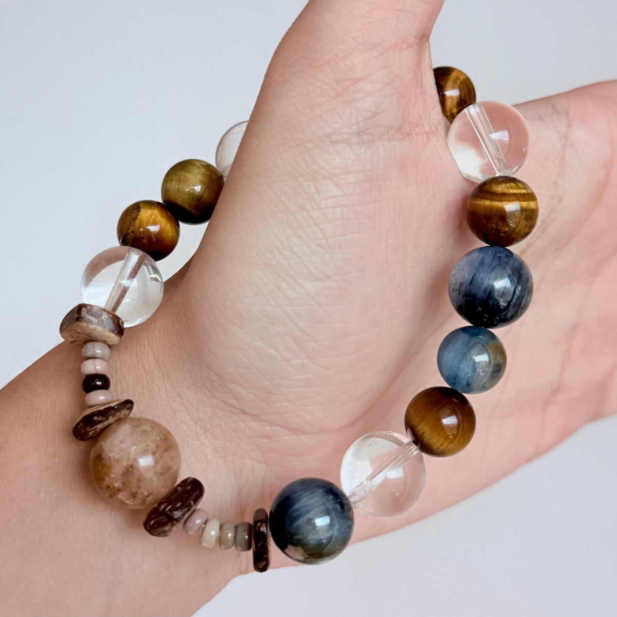 Natural Blue Kyanite, Tiger's Eye & Clear Quartz Crystal Bracelet