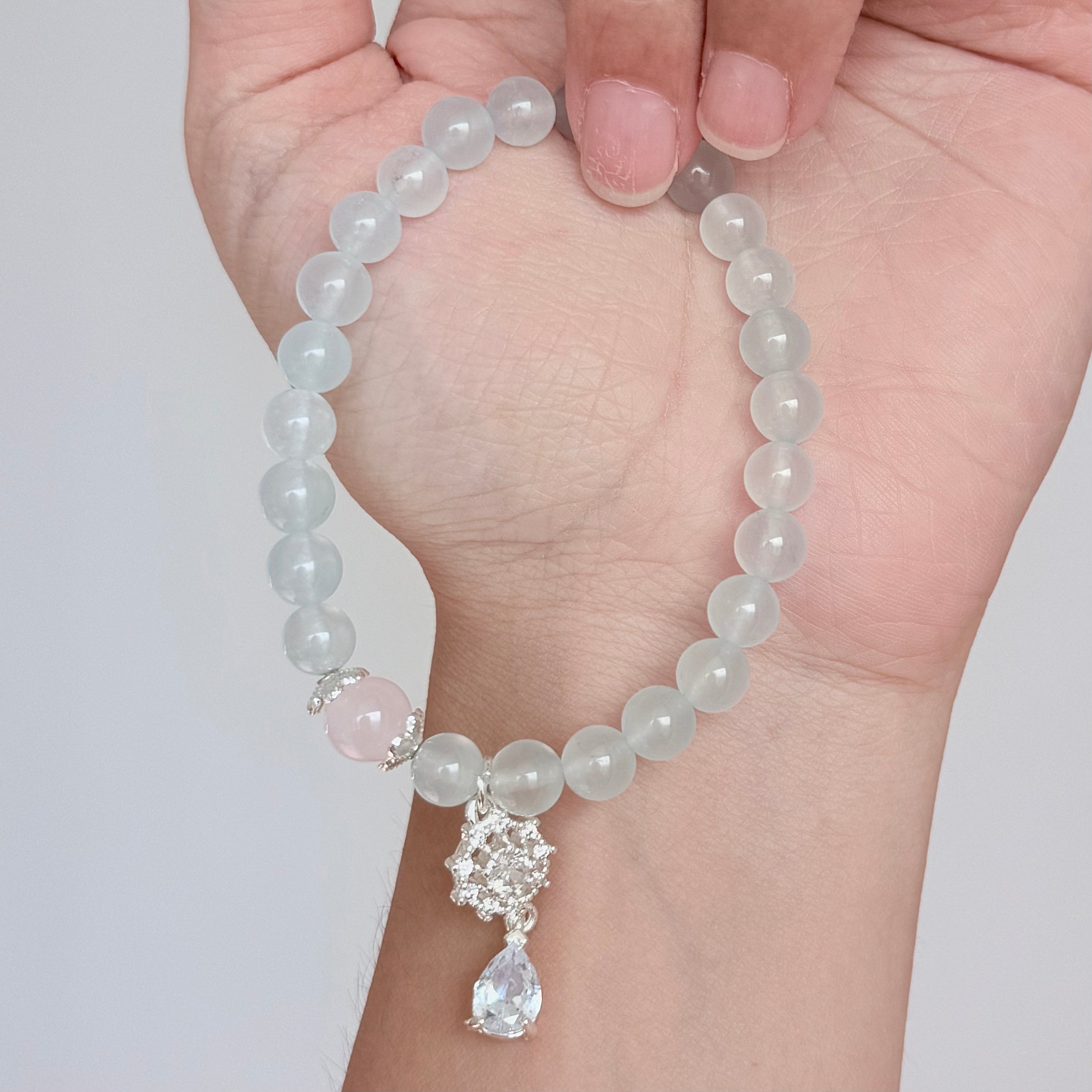 Aquamarine & Rose Quartz Crystal Bracelet with Snowflake Charm