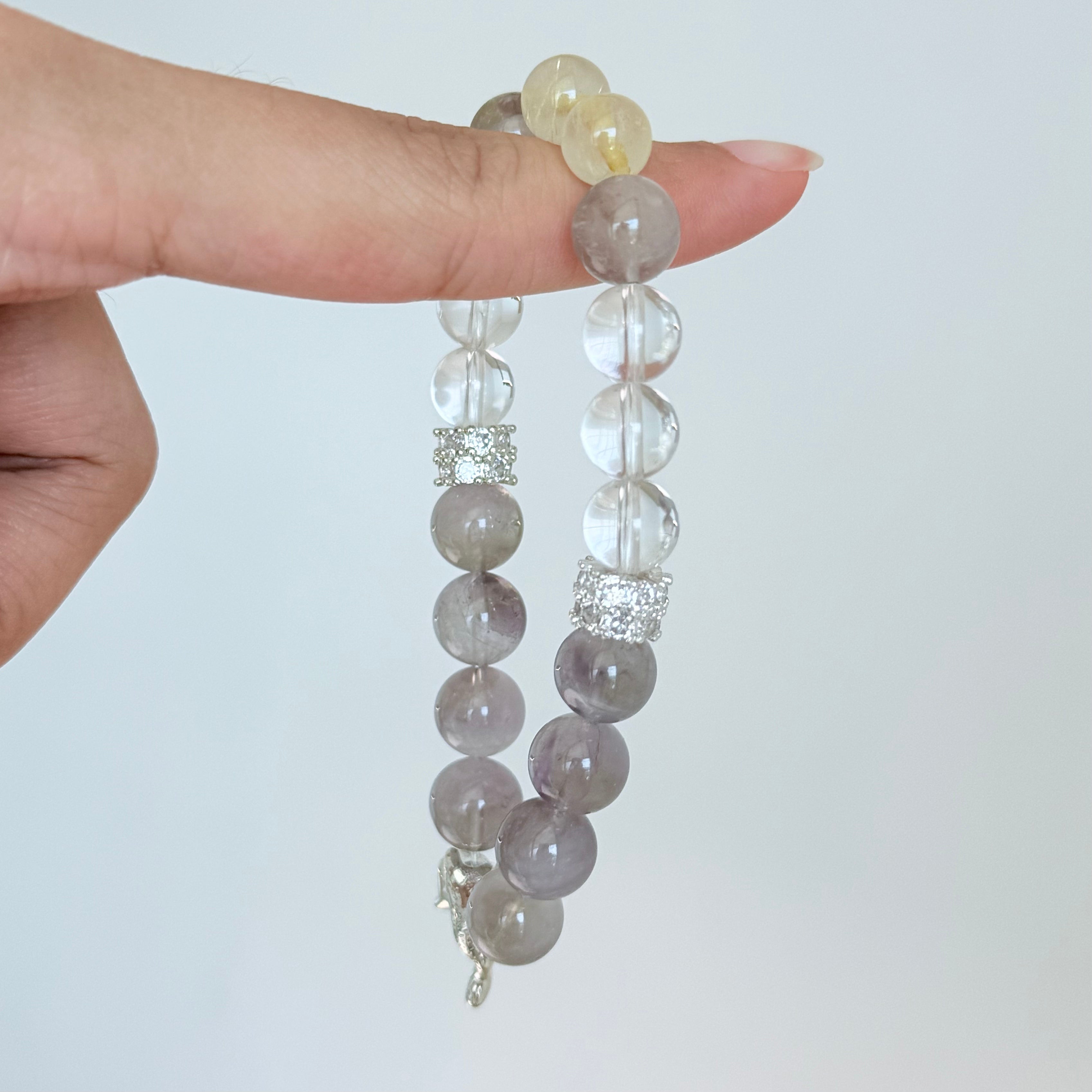 Lepidolite & Clear Quartz Bracelet with Silver Cat Charm