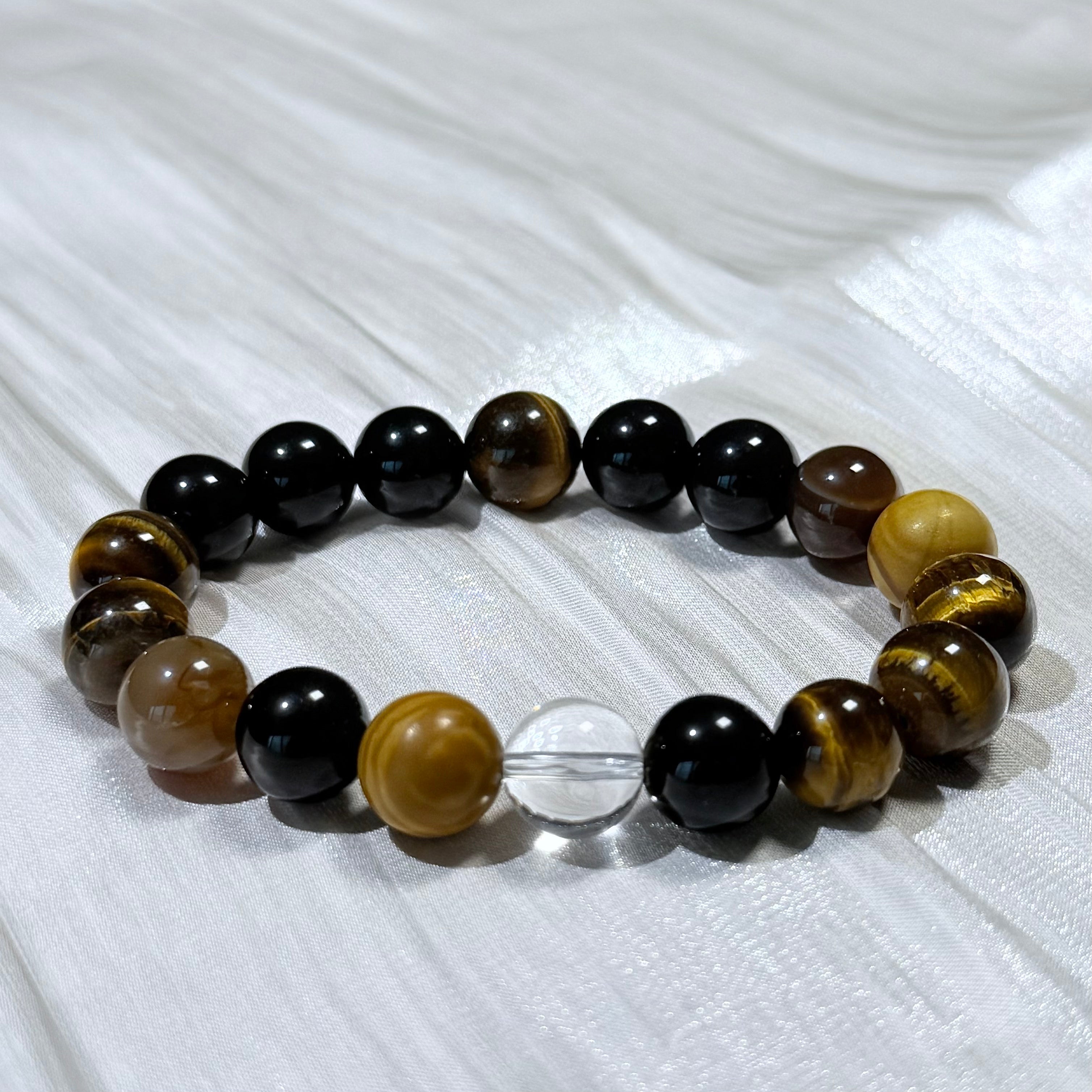 Tiger's Eye, Black Obsidian & Clear Quartz Bracelet