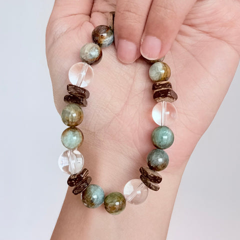 Apatite, Clear Quartz & Natural Wood Grounding Bracelet