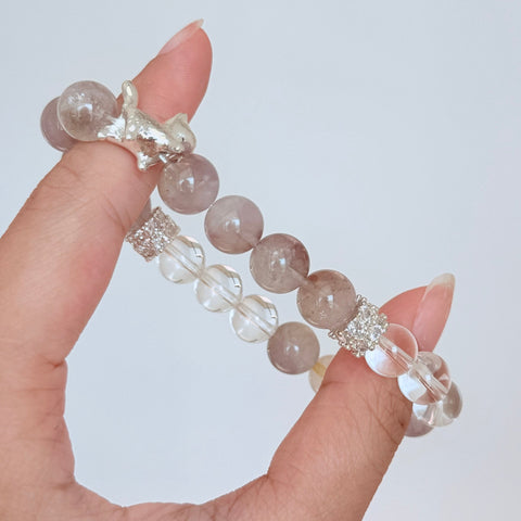 Lepidolite & Clear Quartz Bracelet with Silver Cat Charm