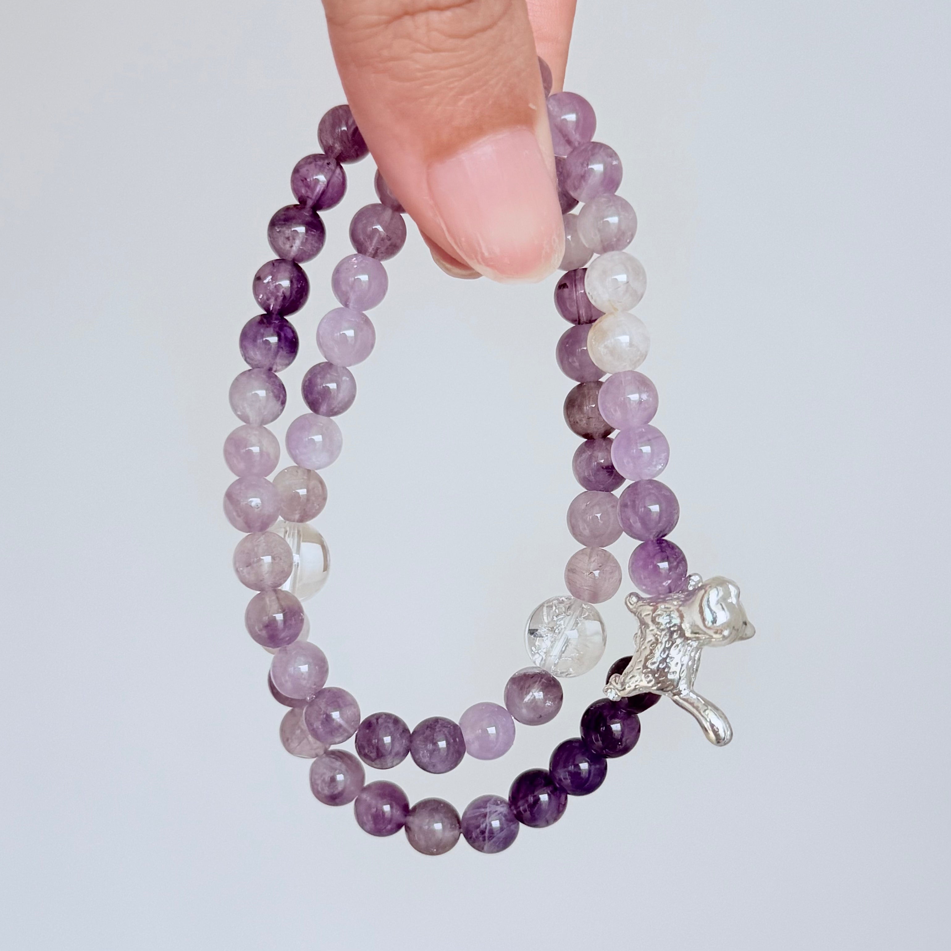 Amethyst & Clear Quartz Bracelet with Silver Cat Charm