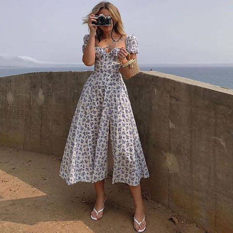 Daisy Printed Puff Sleeve High Slit Smock Maxi Sundress - Blue