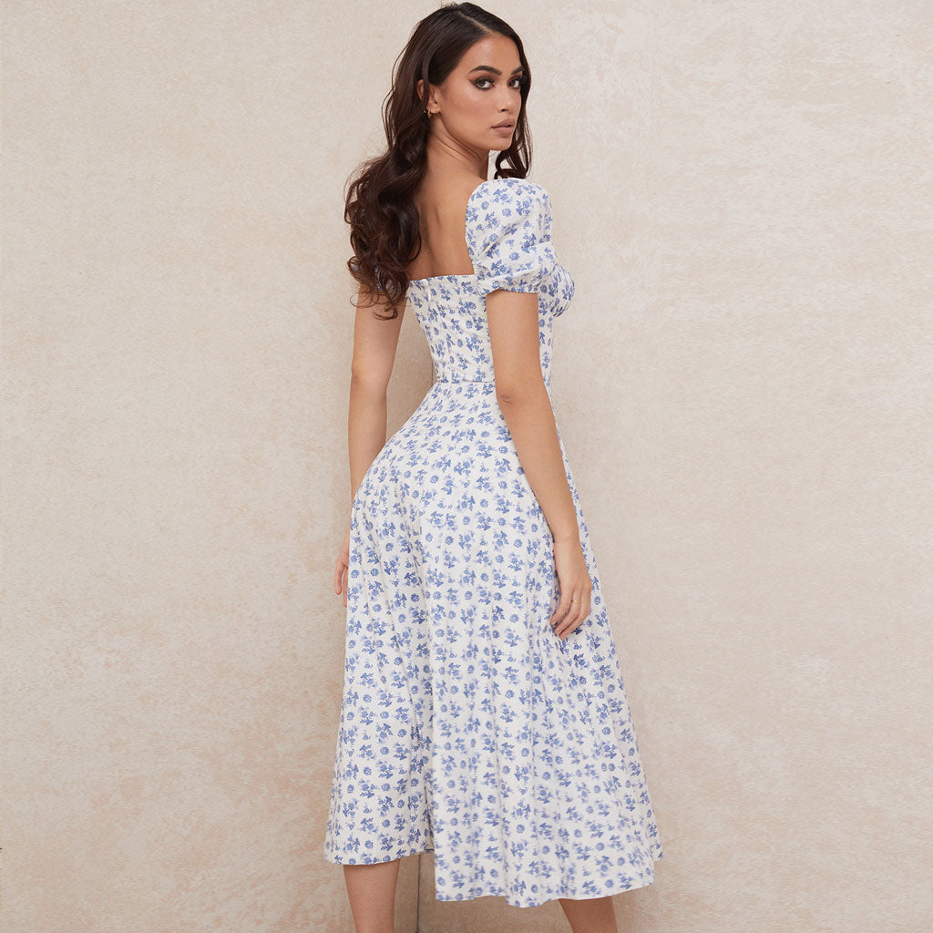 Daisy Printed Puff Sleeve High Slit Smock Maxi Sundress - Blue