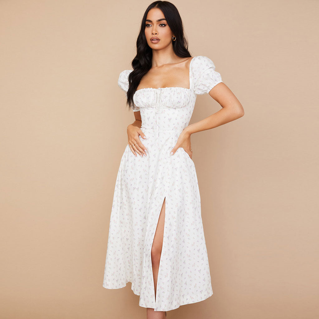 Daisy Printed Puff Sleeve High Slit Smock Maxi Sundress - White