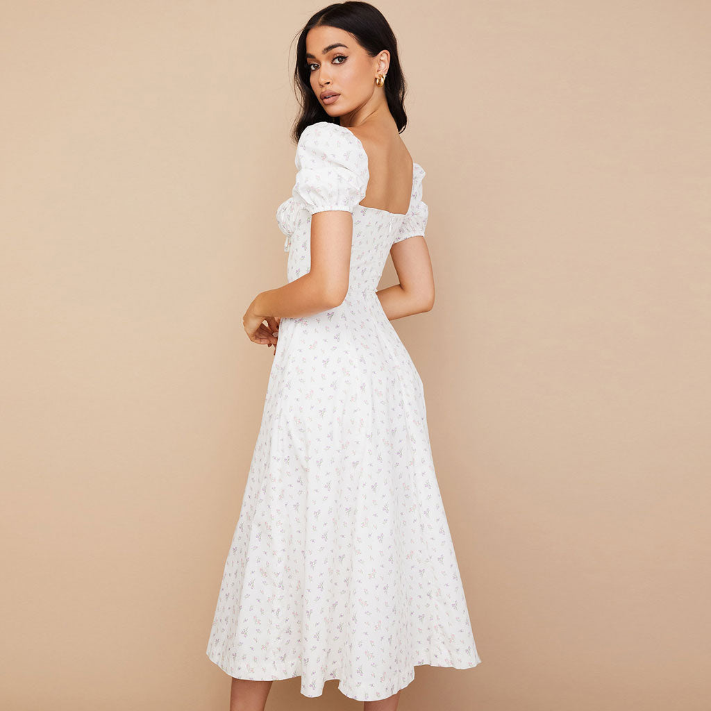 Daisy Printed Puff Sleeve High Slit Smock Maxi Sundress - White