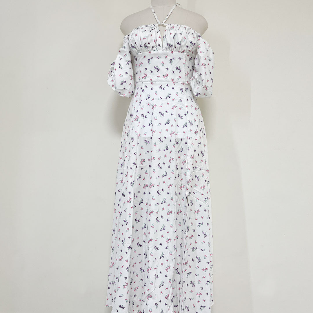 Daisy Printed Puff Sleeve High Slit Smock Maxi Sundress - White