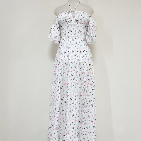 Daisy Printed Puff Sleeve High Slit Smock Maxi Sundress - White