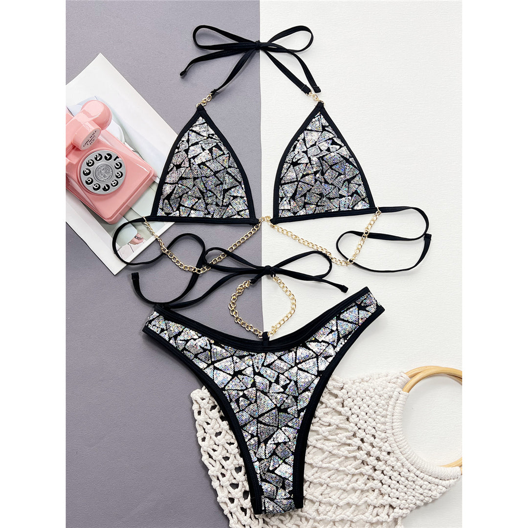 Gloria Bling Sequins Halter Metal Chains Bikini