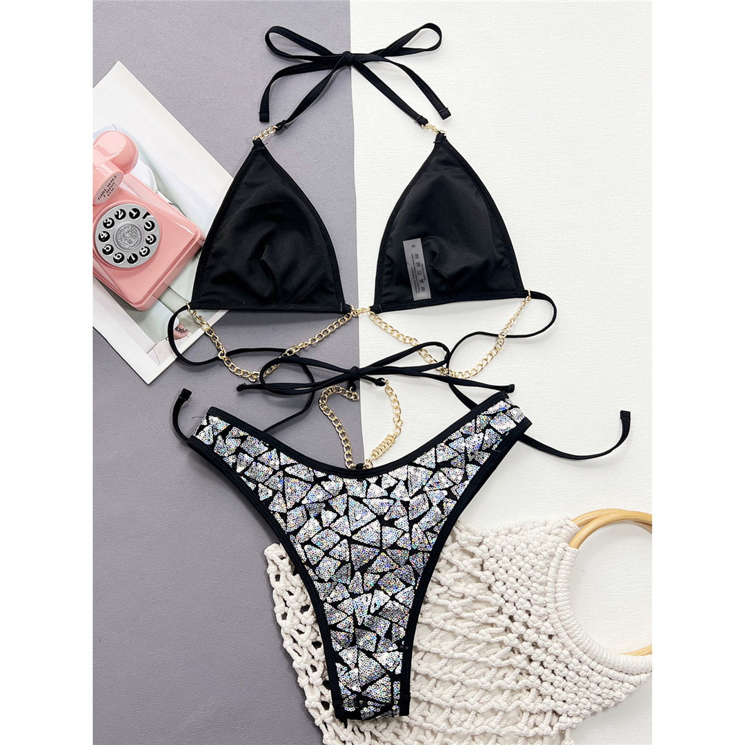 Gloria Bling Sequins Halter Metal Chains Bikini