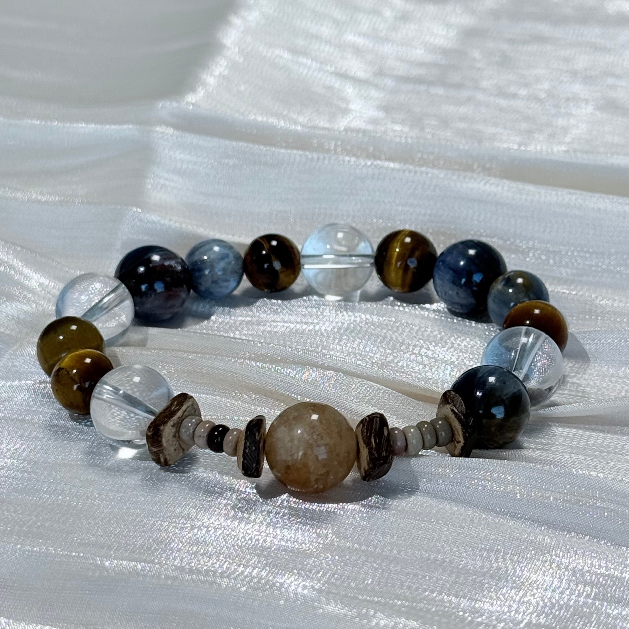 Natural Blue Kyanite, Tiger's Eye & Clear Quartz Crystal Bracelet