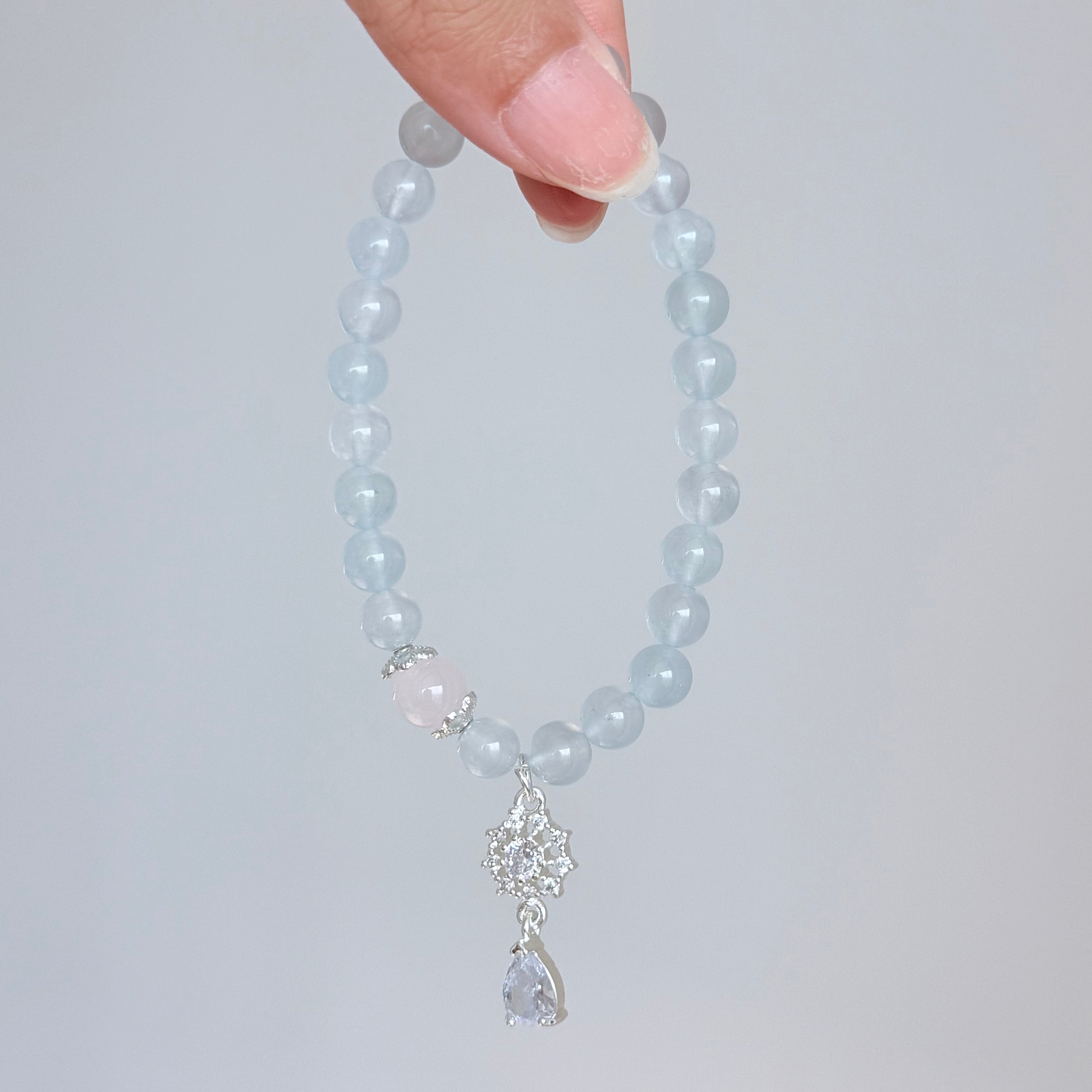 Aquamarine & Rose Quartz Crystal Bracelet with Snowflake Charm