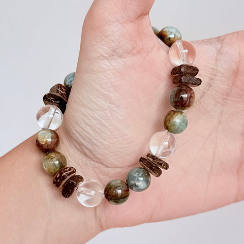 Apatite, Clear Quartz & Natural Wood Grounding Bracelet