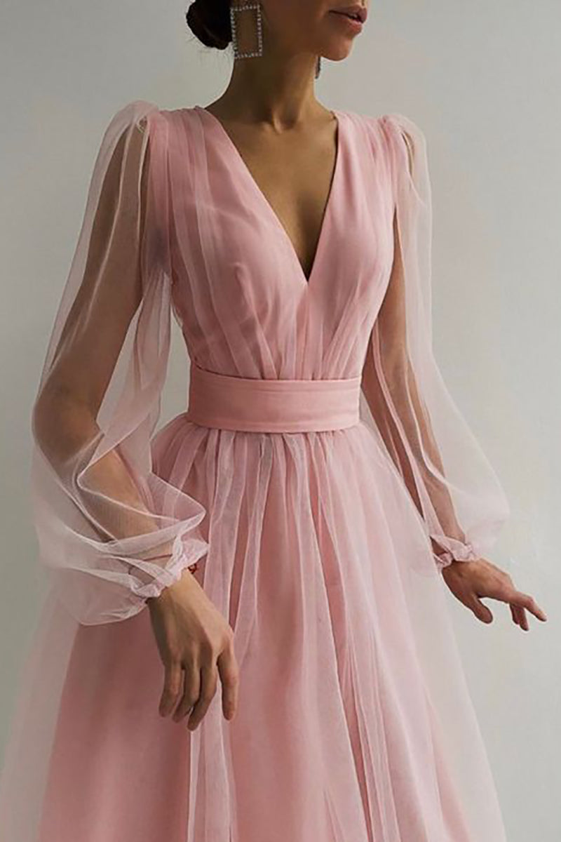 V Neck Tulle Long Sleeve Midi Dress