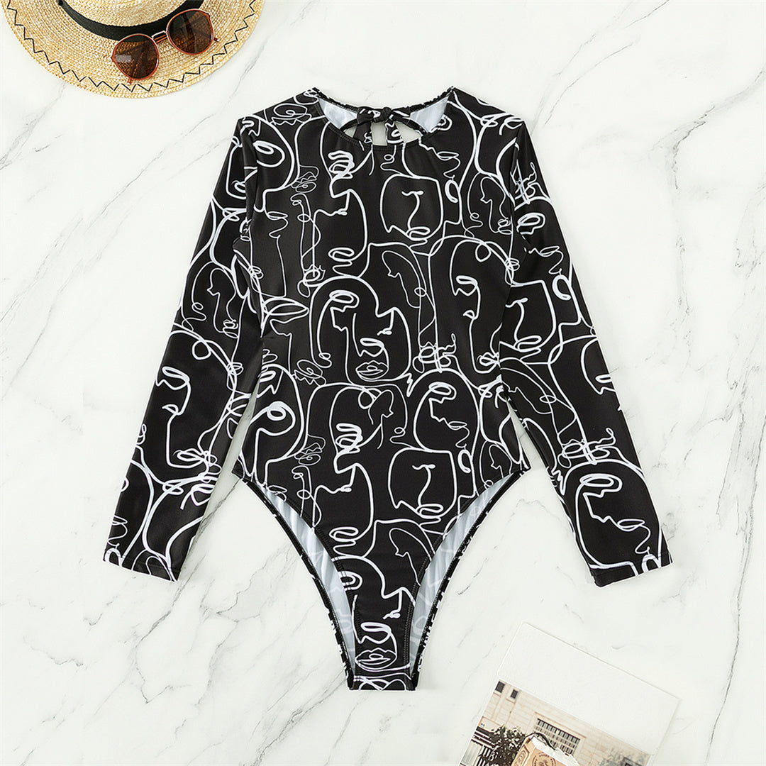 Lydia Printed Long Sleeve Backless One Piece Swimsuit