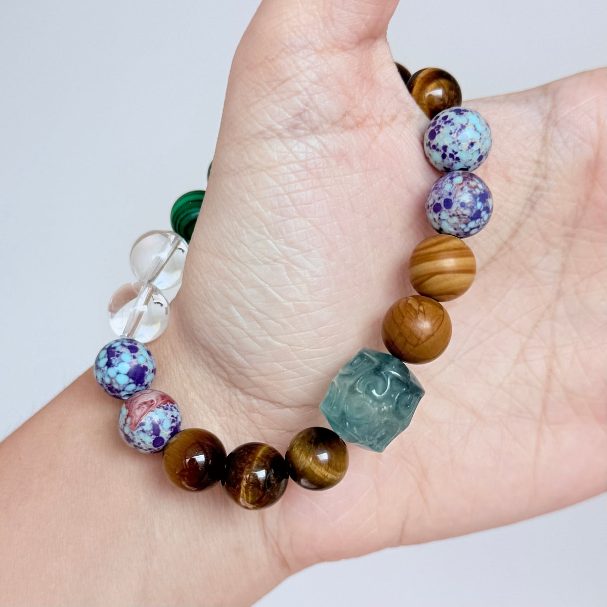 Multi-Gemstone Bracelet with Tiger's Eye, Malachite & Clear Quartz