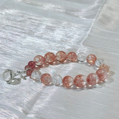 Strawberry Quartz & Clear Quartz Bracelet with Planet Charm