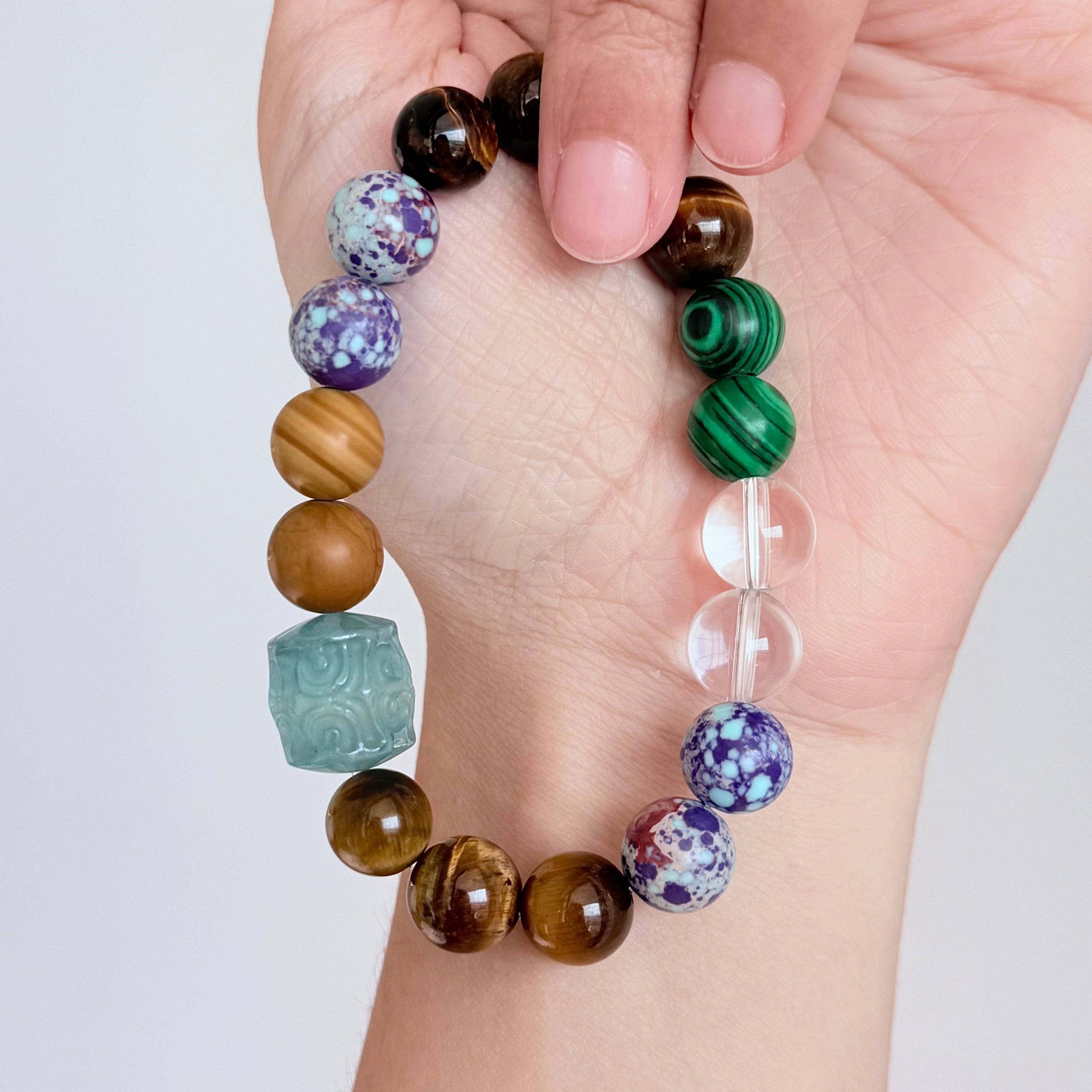 Multi-Gemstone Bracelet with Tiger's Eye, Malachite & Clear Quartz