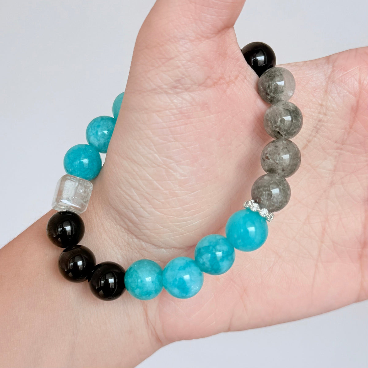 Amazonite, Labradorite & Black Obsidian Bracelet