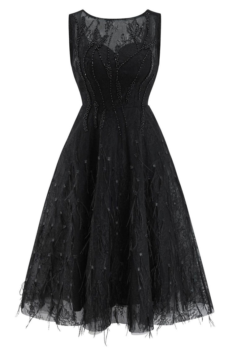 Elegant Crew Neck Sleeveless Beaded Feather Cocktail Party Midi Dress - Black