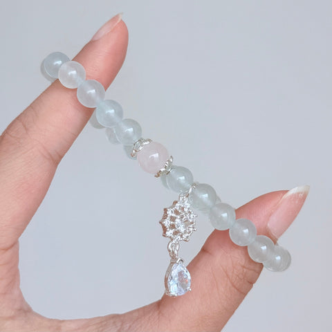 Aquamarine & Rose Quartz Crystal Bracelet with Snowflake Charm