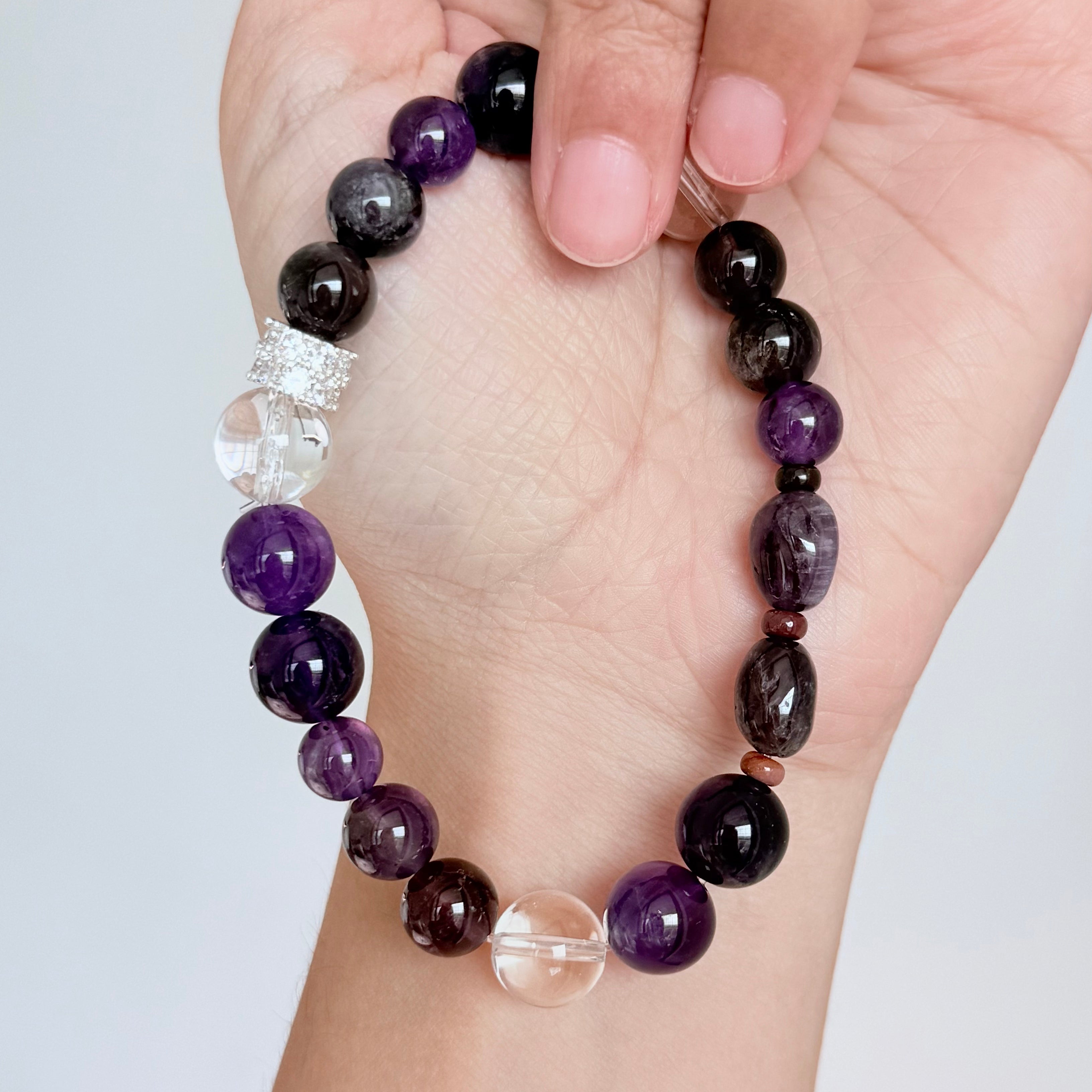 Amethyst & Smoky Quartz Bracelet with Clear Quartz