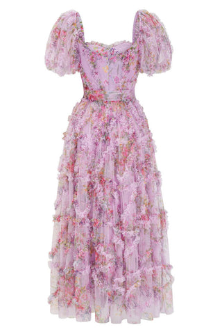 Fairytale Floral Tulle Puff Sleeve Bow Tie Layered Ruffle Maxi Gown Dress - Purple