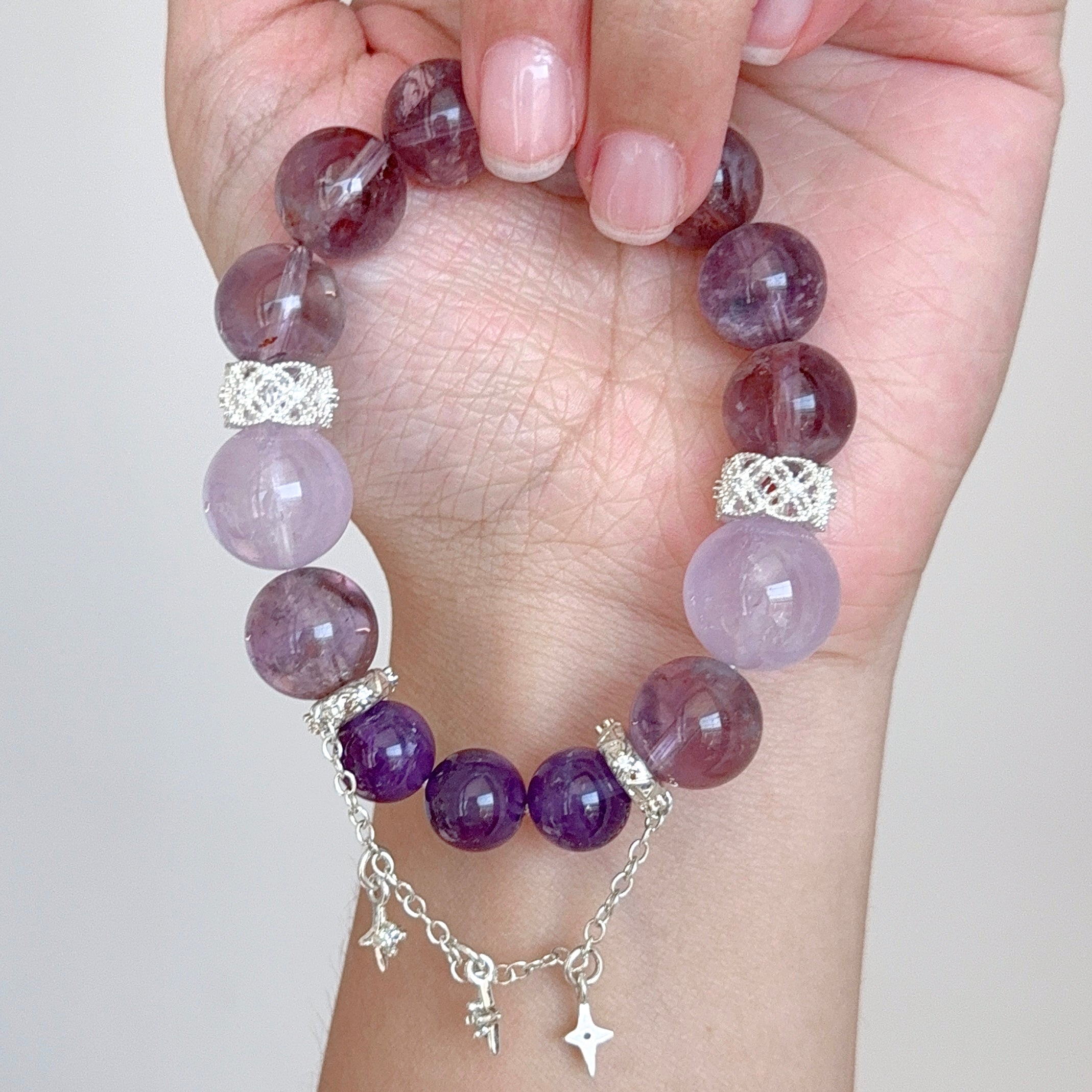 Amethyst & Lepidocrocite Crystal Bracelet with Silver Star Charms