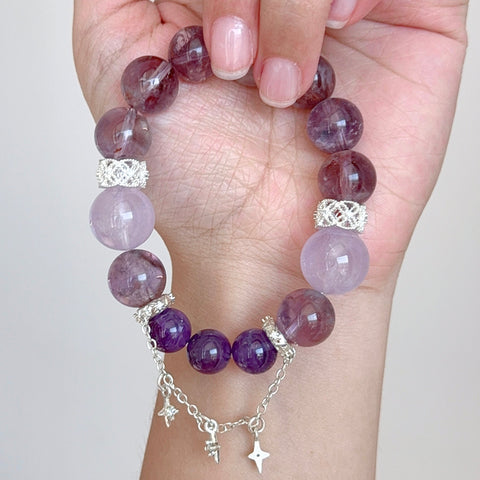 Amethyst & Lepidocrocite Crystal Bracelet with Silver Star Charms