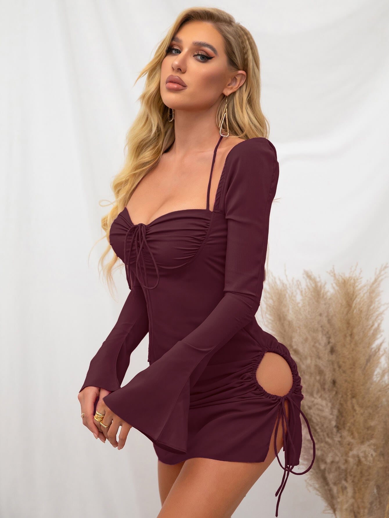 Flare Sleeve Lace Up Mini Dress